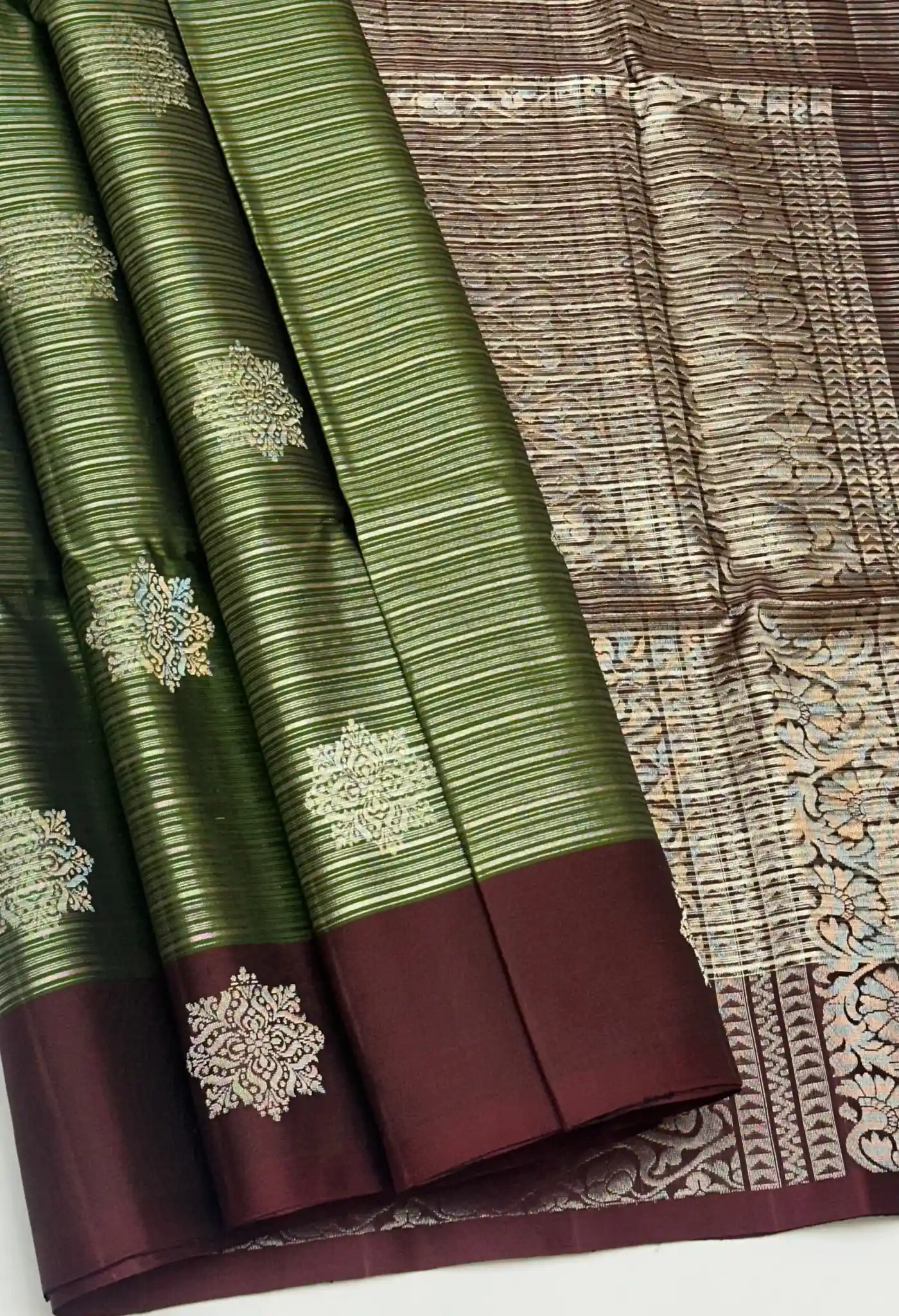 Kanchi Handloom Stripes and Woven Buttas Saree
